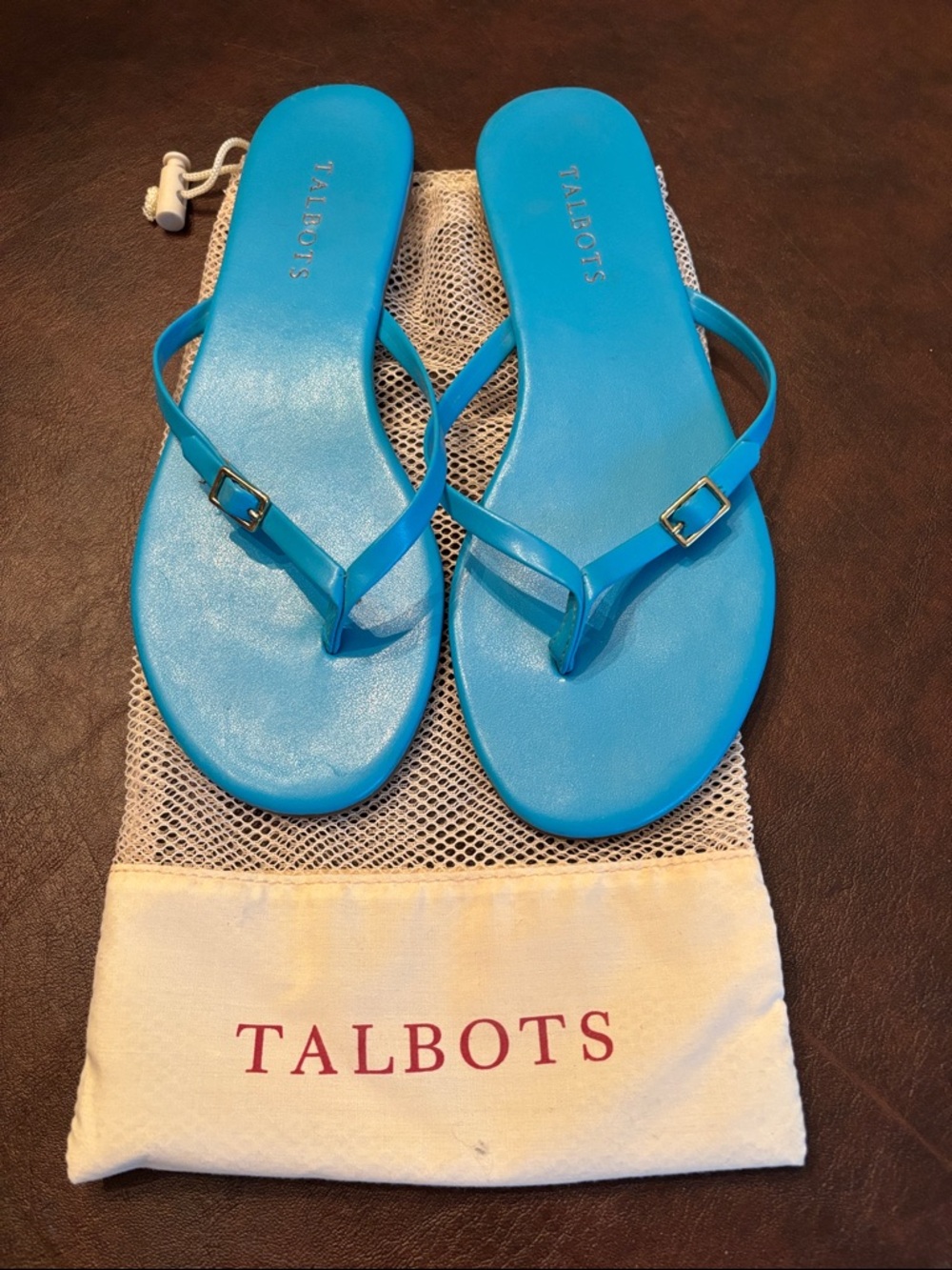 Talbots Bright Blue Leather Toe-Post Sandals with Buckle - Picture 3 of 3